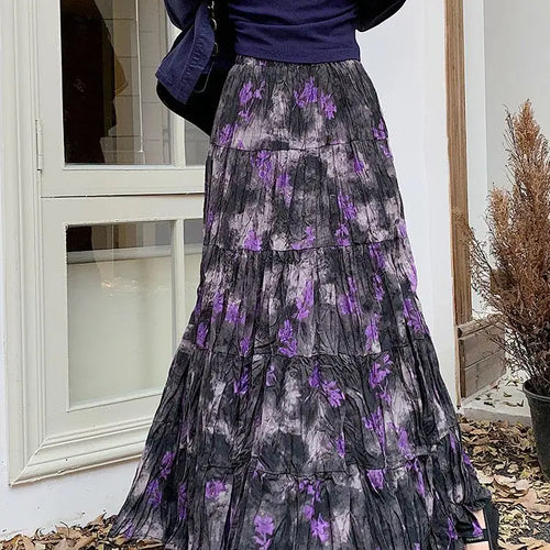 Load image into Gallery viewer, Korean Women Purple Print Vacation Skirt Fashion Spring Summer Vintage Brown High Waist Elegant Festival Pleated Skirt New Trend
