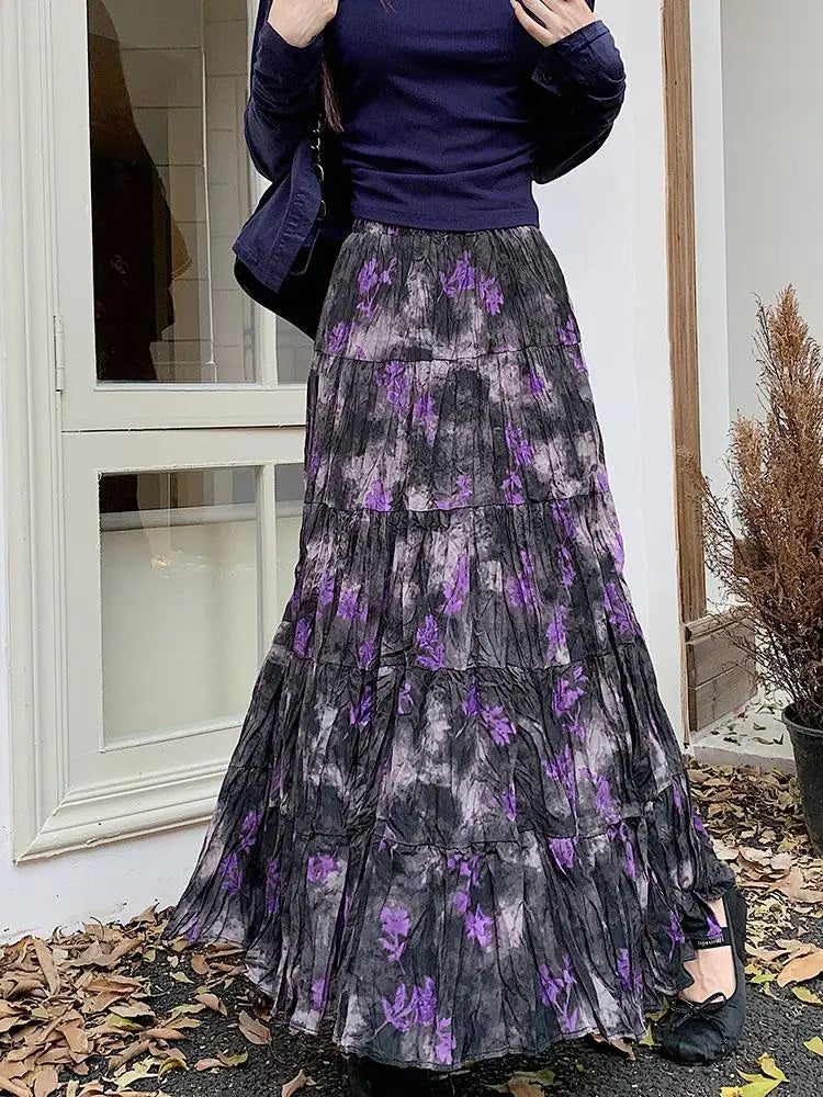 Korean Women Purple Print Vacation Skirt Fashion Spring Summer Vintage Brown High Waist Elegant Festival Pleated Skirt New Trend