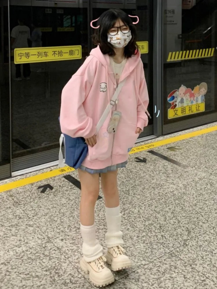 Harajuku Kawaii Japanese Zip Up Women Hoodie Pink Hooded Sweatshirt Long Sleeve Top Soft Gilrs