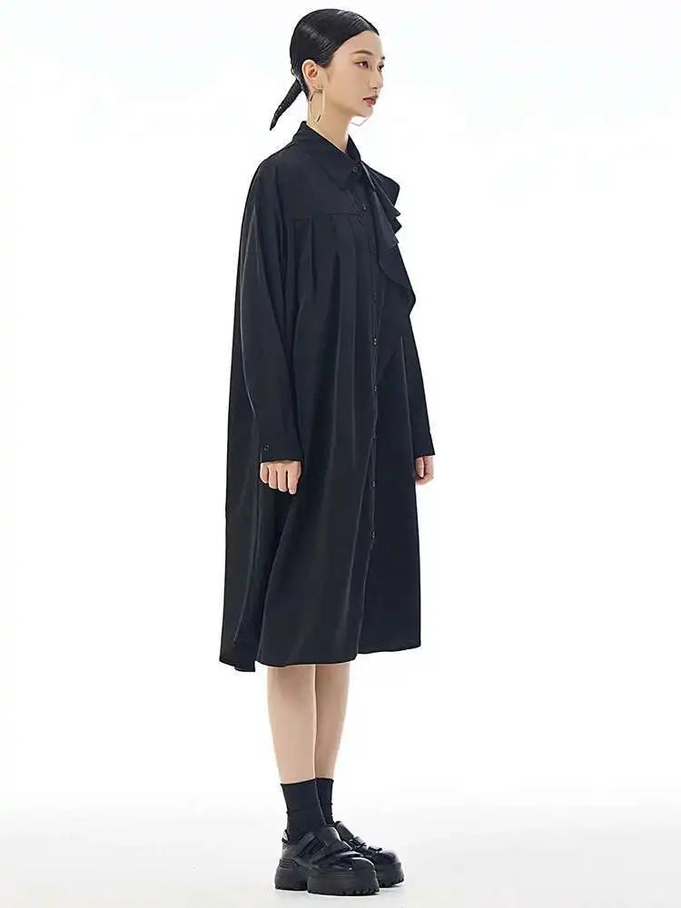 Women Gray Ruffles Pleated Midi Elegant Big Size Shirt Dress New Lapel Long Sleeve Fashion Tide Spring Autumn 2025 1DH7415