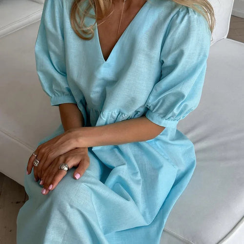 Load image into Gallery viewer, Short Puff Sleeve Maxi Dress For Women Fashion Autumn New Blue V Neck Loose Basic Casual Long Dress Elegant Gown
