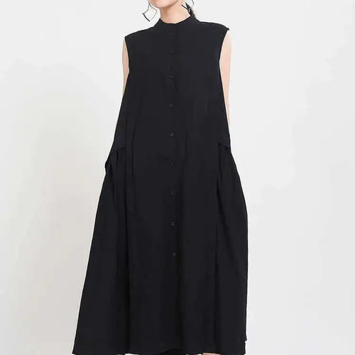 Load image into Gallery viewer, Women Khaki Split Pleated Long  Dress New Stand Collar Sleeveless Loose Fit Fashion Tide Spring Summer 2025 1Y353
