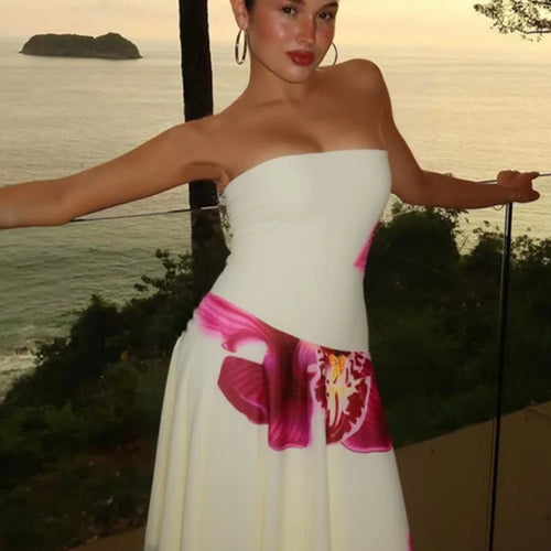 Load image into Gallery viewer, Floral Print Sexy Midi Dress Women Gown Summer New Strapless Off-shoulder Sleeveless Backless Irregular Ruffle Dress
