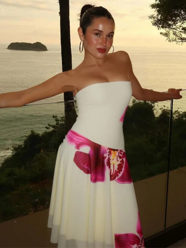 Floral Print Sexy Midi Dress Women Gown Summer New Strapless Off-shoulder Sleeveless Backless Irregular Ruffle Dress