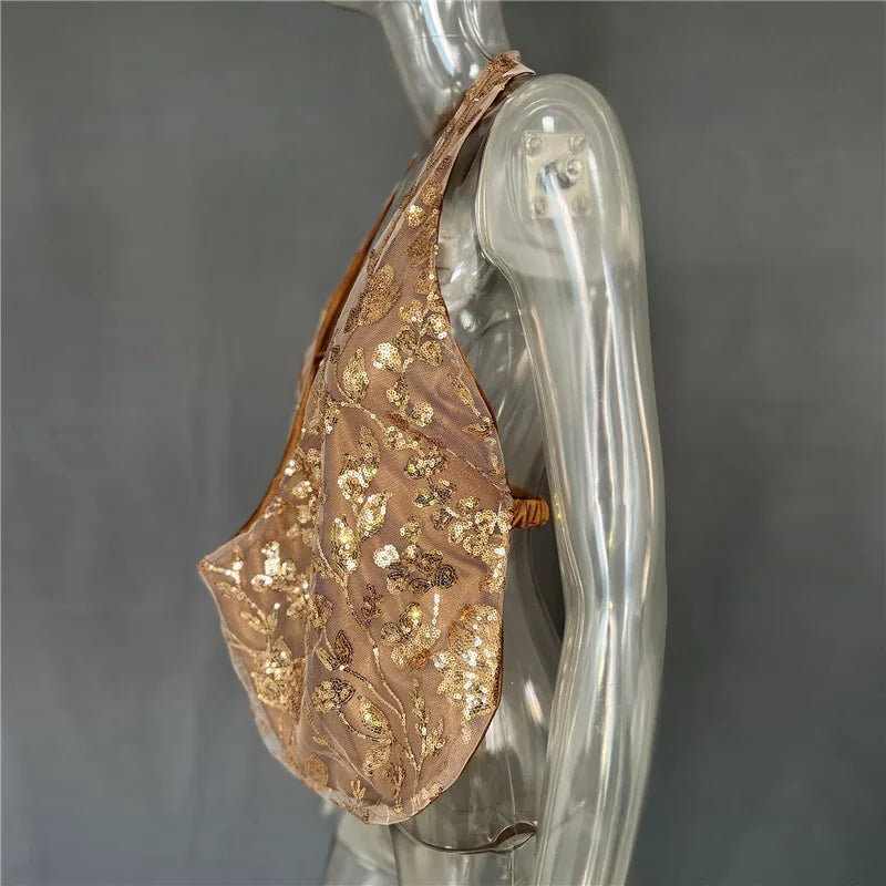 Glitter Deep V Neck Sexy Tank Tops Women Vest Pullovers Summer New Sparkle Backless Cropped Tops Elegant Beach Tops