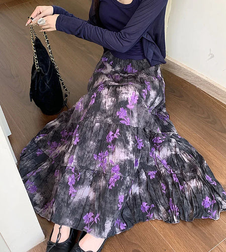 Korean Women Purple Print Vacation Skirt Fashion Spring Summer Vintage Brown High Waist Elegant Festival Pleated Skirt New Trend