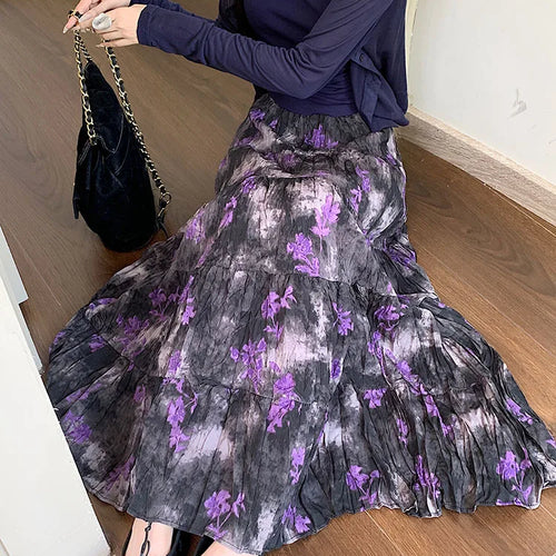 Load image into Gallery viewer, Korean Women Purple Print Vacation Skirt Fashion Spring Summer Vintage Brown High Waist Elegant Festival Pleated Skirt New Trend
