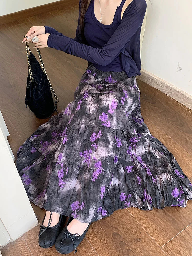 Korean Women Purple Print Vacation Skirt Fashion Spring Summer Vintage Brown High Waist Elegant Festival Pleated Skirt New Trend