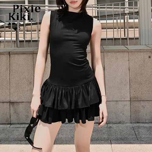 Load image into Gallery viewer, Y2k Sexy Sleeveless Mini Dresses Women 2024 Hollow Out Lace Up Backless Tiered Dress Black Club Outfits P33-CZ29
