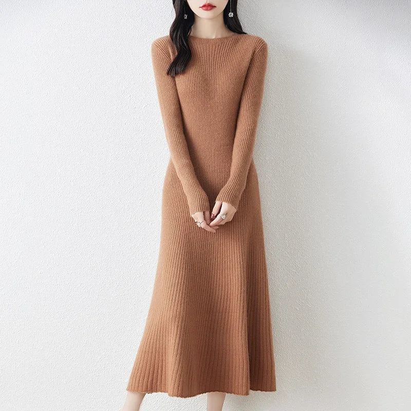 Winter/ Autumn Oneck Female Dresses 100% Wool Knitted Dress For Women 2024 New Arrival  Long Style 6Colors Jumpers