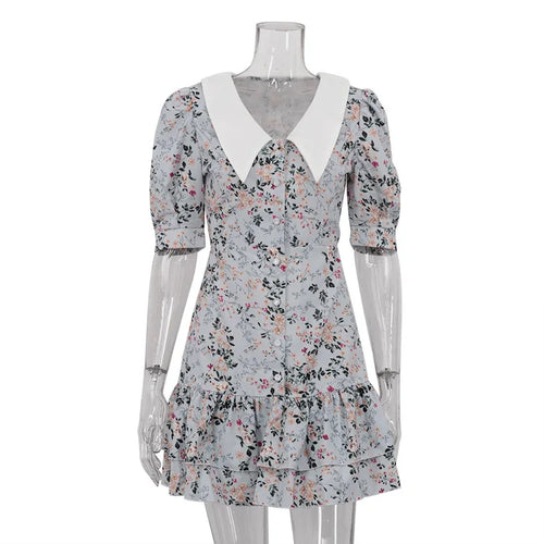 Load image into Gallery viewer, Short Sleeve Floral Mini Dress For Women Robe Turn-down Collar Elegant French Dress Ladies Fashion High Waist Dresses
