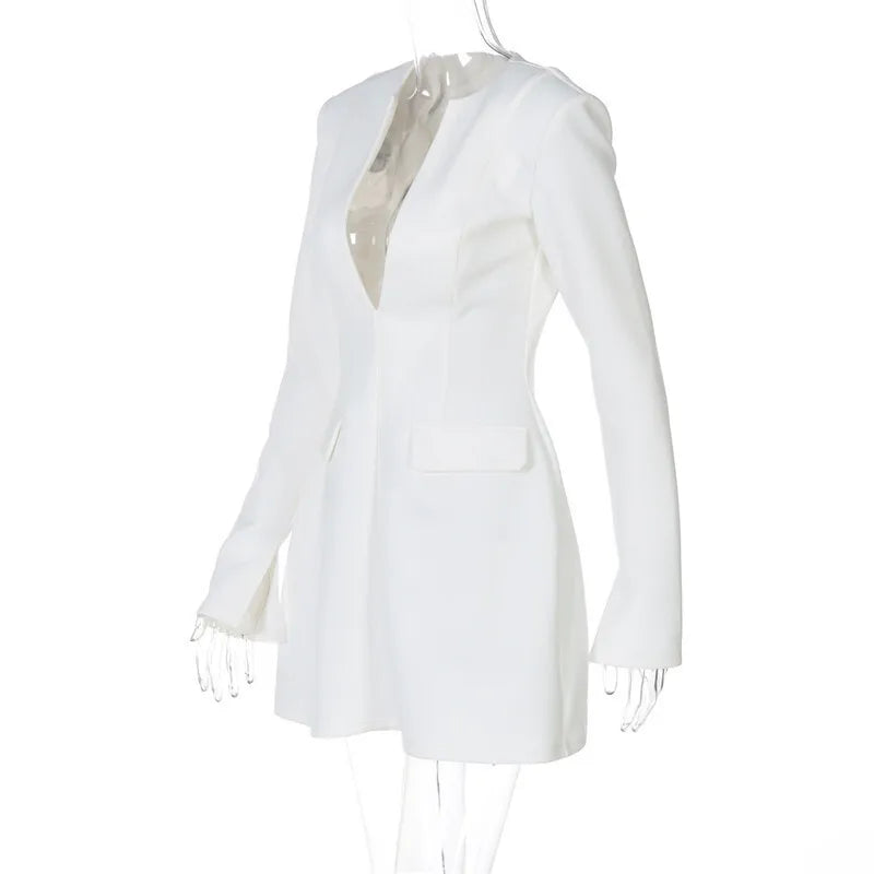 Deep V Neck Long Sleeve Sexy Mini Dress For Women Fashion Two Pocket High Waist A-line Club Party Sexy Dress Elegant