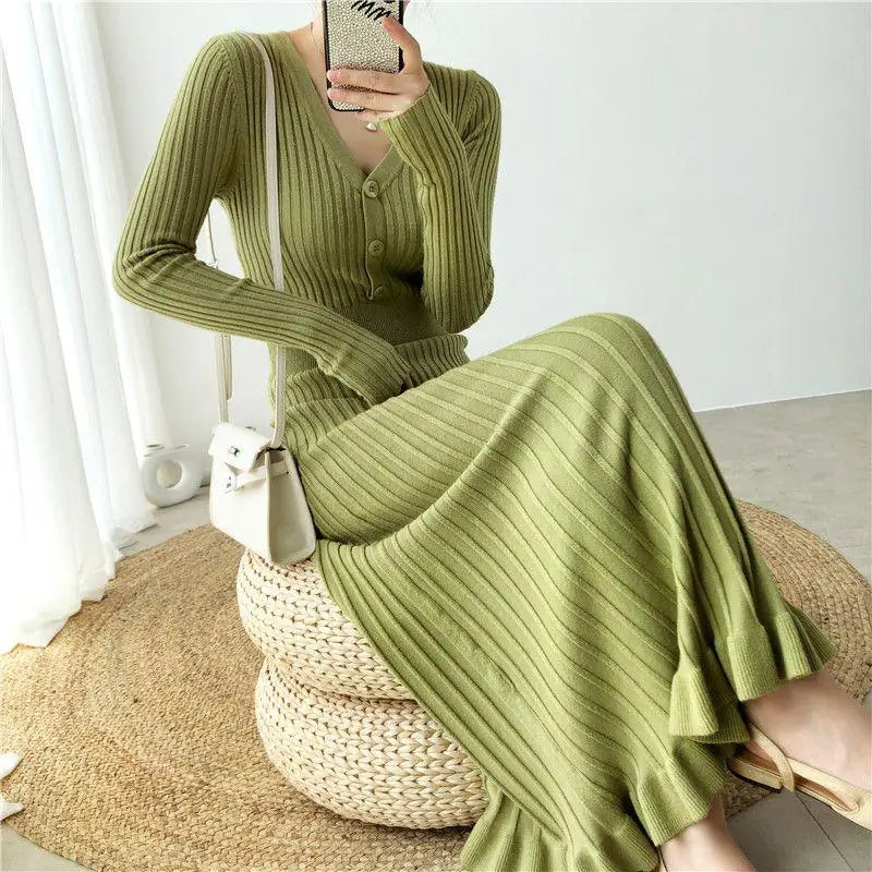 Elegant Knitted Long Dress Women Flare Sleelve V Neck Ruffles Single Breasted Bodycon Dresses Party Fashion Office Lady Vestidos