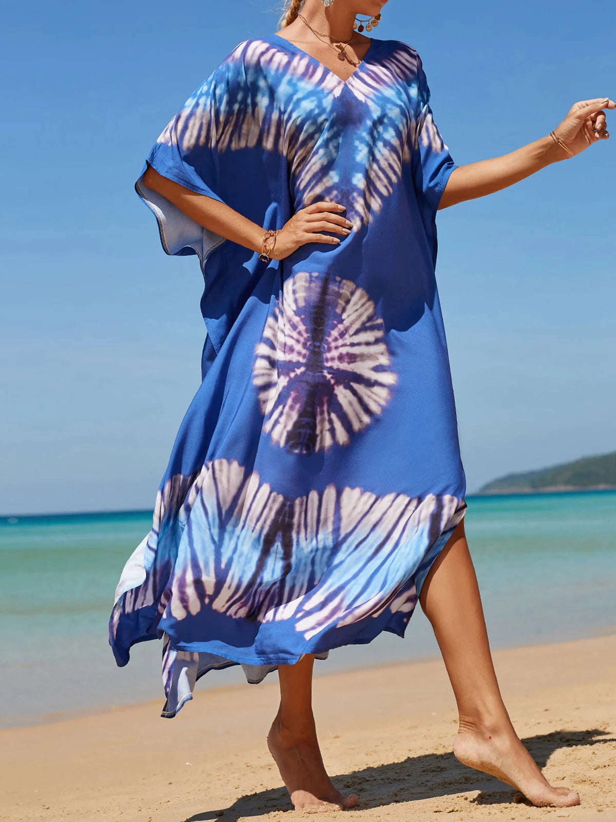 Colorful Kaftan Tunic Beach Cover Up Cover-ups Beach Dress Beach Wear Beachwear Loose Maxi Dress Female Women V4428