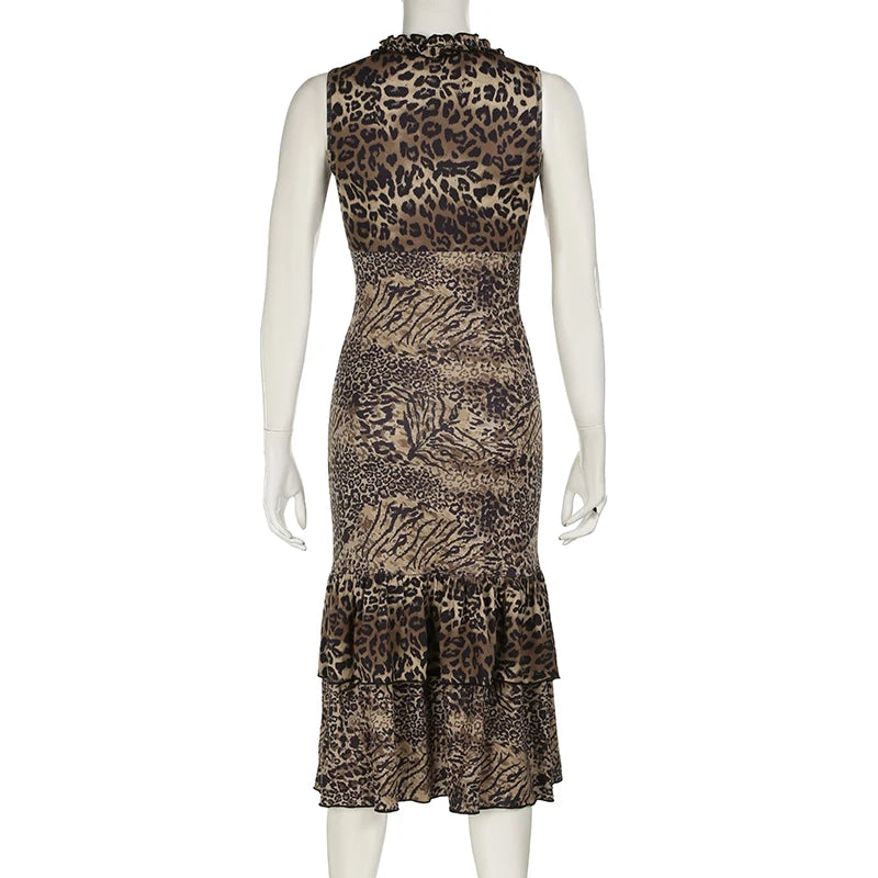 Vintage Fashion Elegant Leopard Party Dress Female Ruched Tirtted Y2K Aesthetic Club Summer Midi Dress Sleeveless New