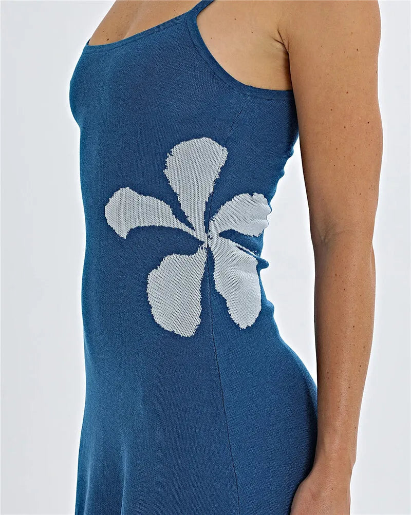 Spaghetti Strap Print Knit Mini Dress For Woman Robe Summer New Sleeveless Backless Beach Holiday Club Dress Knitwear