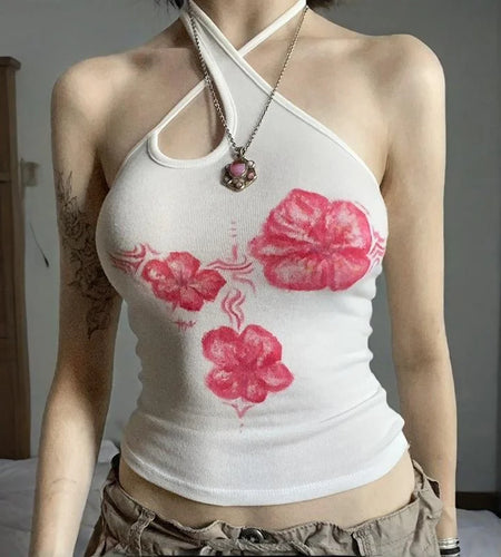 y2k Tops for Women Fairycore Clothes Floral Print Sleeveless Backless Halter Neck T Shirts 2000s Clothing Streetwear