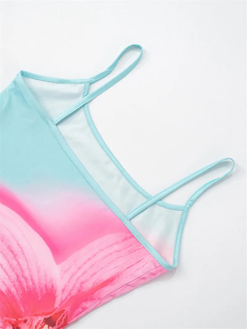 Spaghetti Strap Floral Print Sexy Mini Dress For Women Robe Fashion Elegant Sleeveless Backless Summer Beach Dress