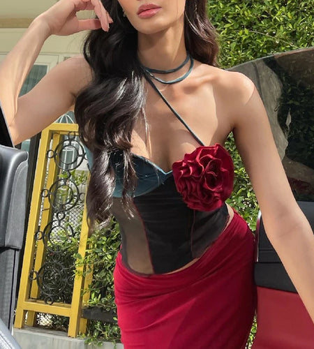 y2k Tops Women Summer Clothes Contrast Color Tie Up Sleeveless Mesh Camisole with 3D Flower 2000s Clothing Streetwear