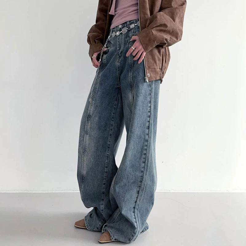 Streetwear Vintage Stitching Baggy Jeans for Women Harajuku Distressed Wide Leg Trousers Denim Basic Preppy Style New