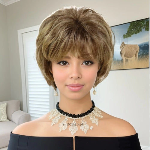 Load image into Gallery viewer, Synthetic Short Hair Brown Mix Blonde Wigs for Women Natural Hairstyles Mommy Wig with Bangs Casual Style Daily Replacement Wigs
