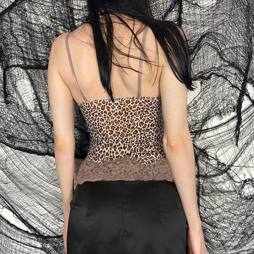 Load image into Gallery viewer, Strap Vintage Leopard Top Camis Y2K Aesthetic Lace Spliced Slim Fashion Sexy Tops Contrast 2000s Summer Cropped Cute
