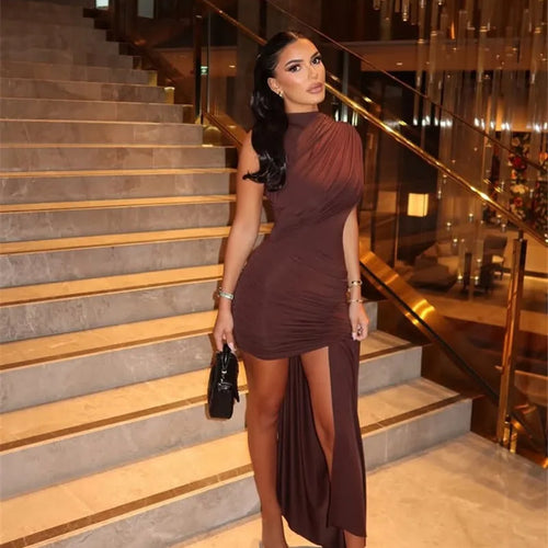 Load image into Gallery viewer, Irregular Draped Ruched Sexy Mini Dress For Women Elegant Turtleneck Sleeveless High Waist Pleated Club Party Dress
