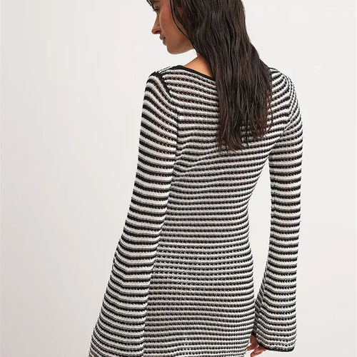 Load image into Gallery viewer, Striped Knit Mini Dress For Women Autumn Winter New O Neck Long Sleeve Contrast Color High Waist Beach Sexy Dress New
