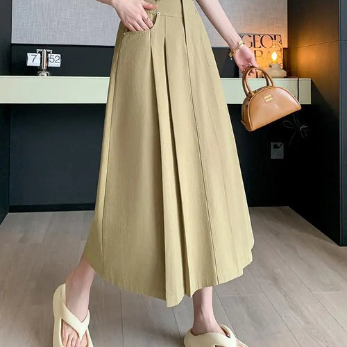 Load image into Gallery viewer, Black Beige Denim Long Skirt For Women 2024 Spring Summer New Brown High Waist Pleated A-line Umbrella Jean Skirts Office Lady
