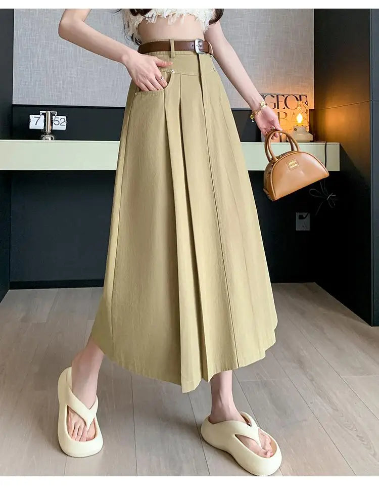 Black Beige Denim Long Skirt For Women 2024 Spring Summer New Brown High Waist Pleated A-line Umbrella Jean Skirts Office Lady