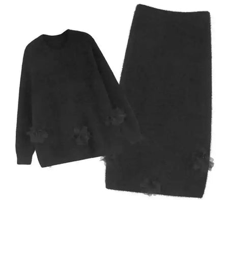 Black Big Size Flower Sweater Skirt Two Pieces Suit New Round Neck Long Sleeve Women Fashion Spring Autumn 2025 1DH9379
