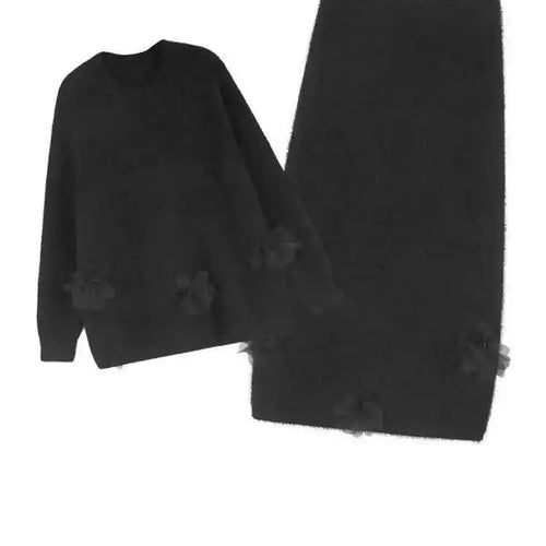 Load image into Gallery viewer, Black Big Size Flower Sweater Skirt Two Pieces Suit New Round Neck Long Sleeve Women Fashion Spring Autumn 2025 1DH9379
