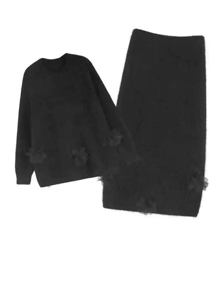 Black Big Size Flower Sweater Skirt Two Pieces Suit New Round Neck Long Sleeve Women Fashion Spring Autumn 2025 1DH9379