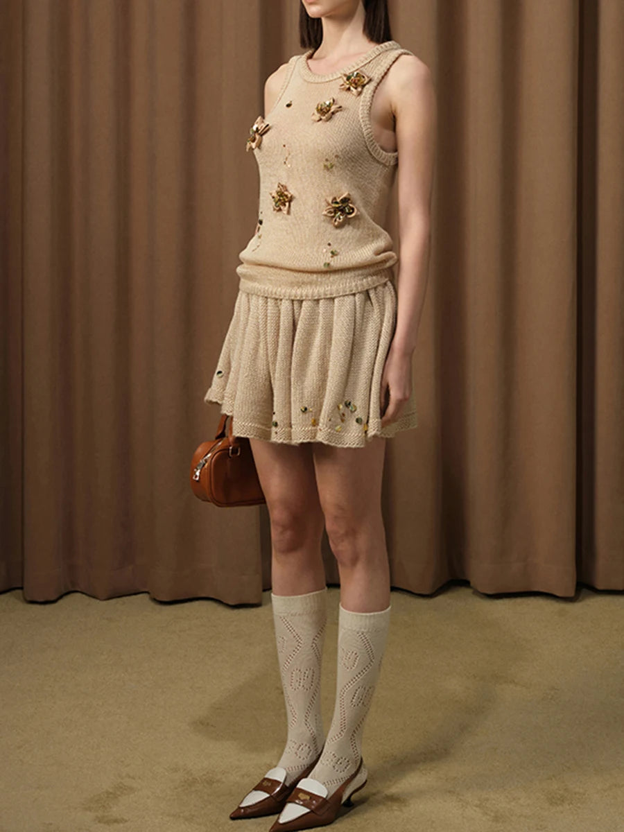 Hit Color Spliced Appliques Slimming Dresses For Women O Neck Sleeveless Vest High Waist Elegant Skirt Sets Female