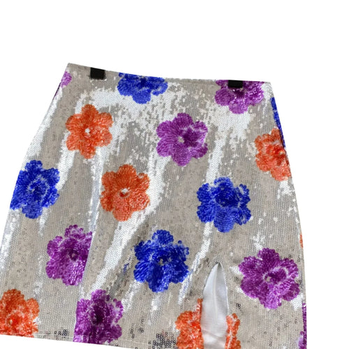 Load image into Gallery viewer, French Women Fashion Floral Sequined Sexy Club Zipper Mini Skirt Vintage High Waist Lady Split Short Skirts Spring Summer Trendy
