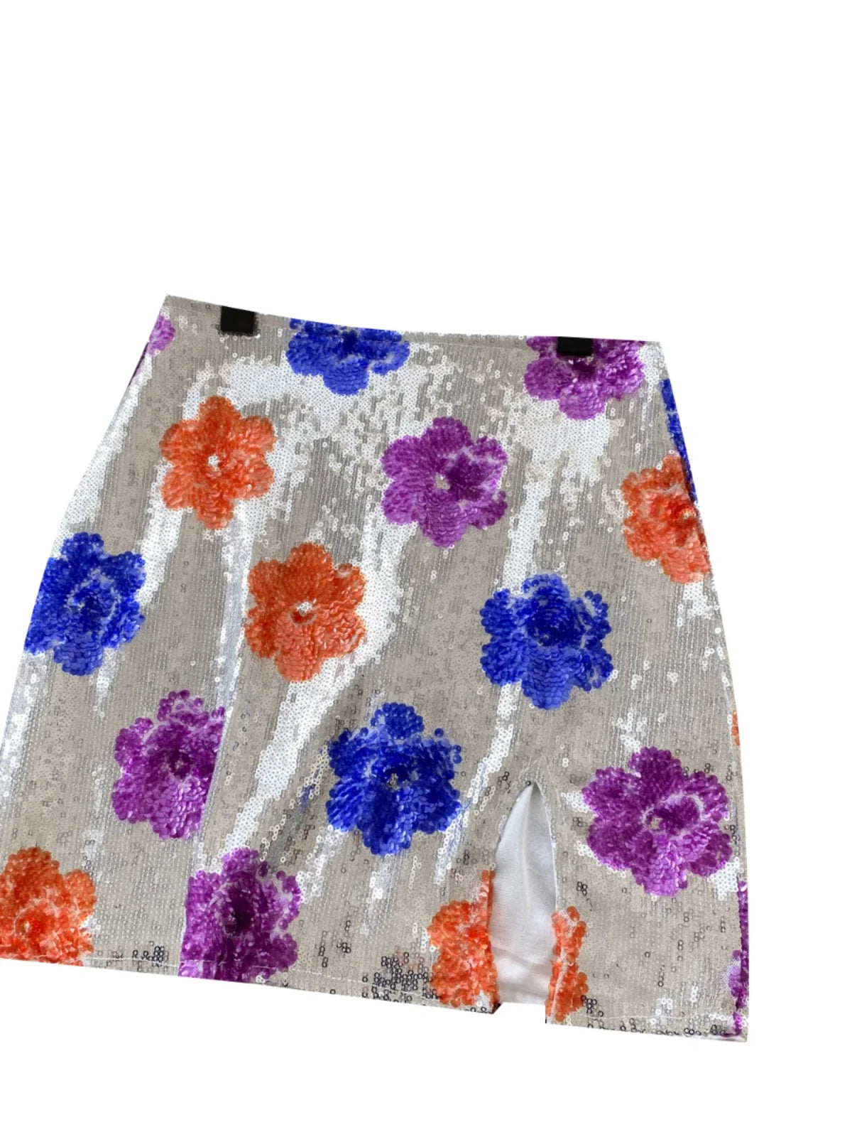 French Women Fashion Floral Sequined Sexy Club Zipper Mini Skirt Vintage High Waist Lady Split Short Skirts Spring Summer Trendy