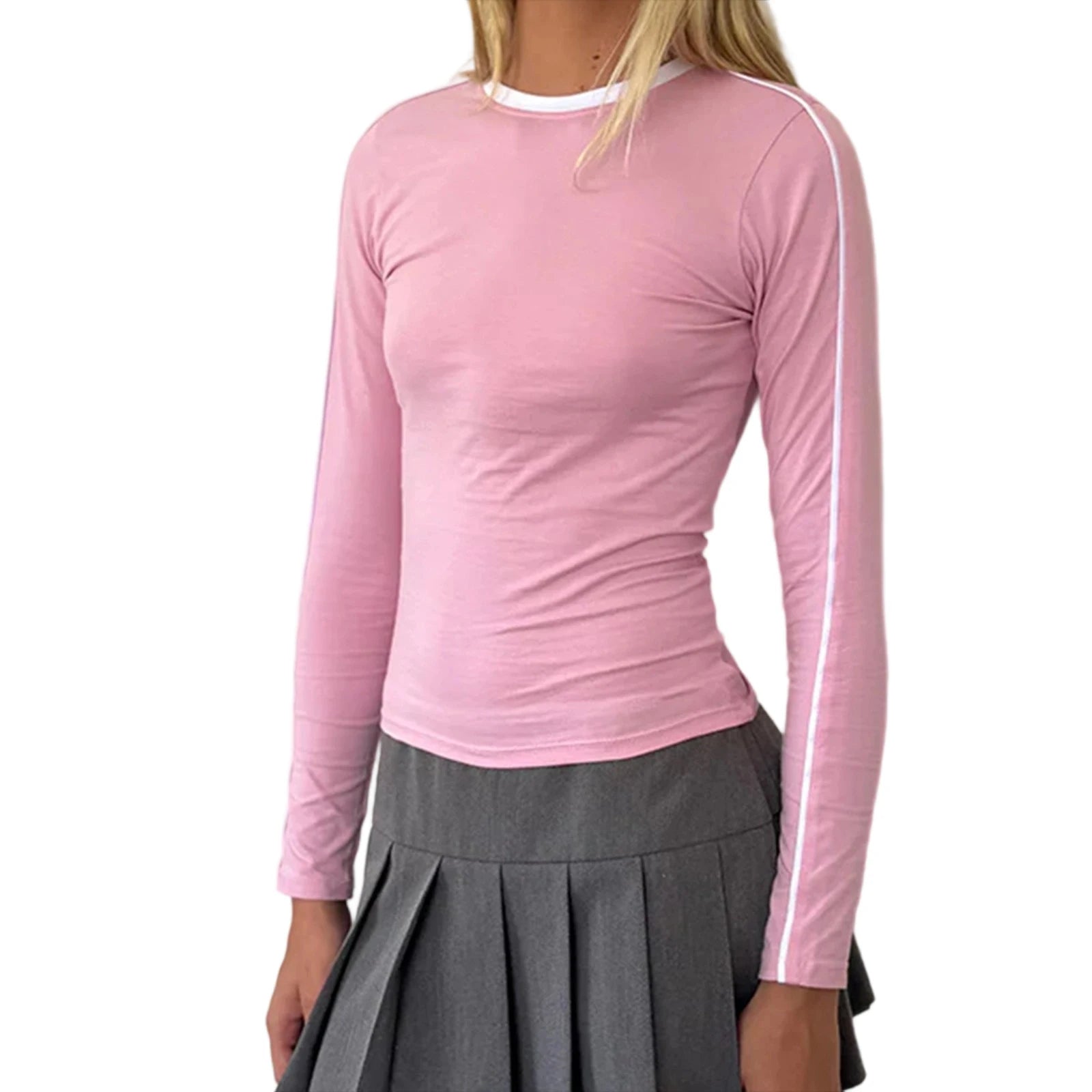 Fall Crop Tops y2k Women Aesthetic Clothing Contrast Trim Round Neck Long Sleeve T Shirts Fashion Tees Streetwear