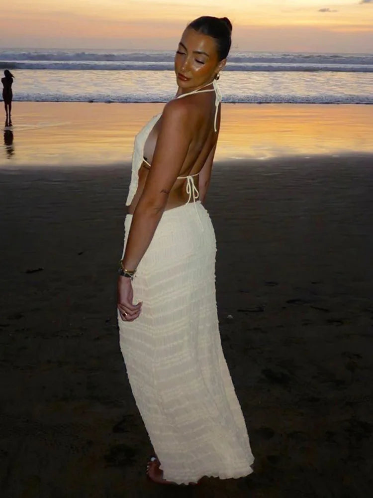 Chiffon Lace Sexy Skirt Two Piece Sets Women Halter Crop Tops And Maxi Skirt Ladies Fashion Woman Long Dress Set