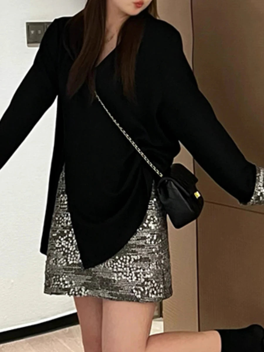 Hit Color Slimming Mini Dresses For Women V Neck Long Sleeve High Waist Temperament Dress Female Fashion Style New