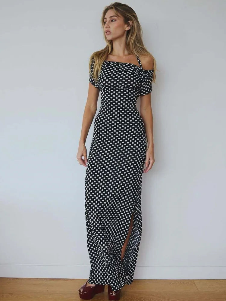 Elegant Sleeveless Hanging Collar One Shoulder Dress Women Sexy Backless Bodycon Slit Dress Party Holiday Beach Vestido