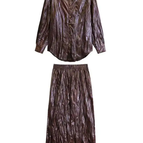 Load image into Gallery viewer, Wine Red Leather Shirt Half-body Skirt Two Pieces Suit New Lapel Long Sleeve Women Fashion Tide Spring Autumn 2025 1DH6880
