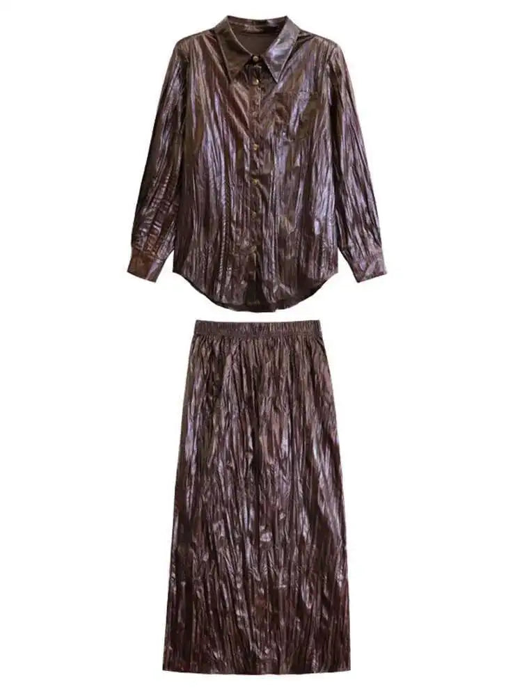 Wine Red Leather Shirt Half-body Skirt Two Pieces Suit New Lapel Long Sleeve Women Fashion Tide Spring Autumn 2025 1DH6880