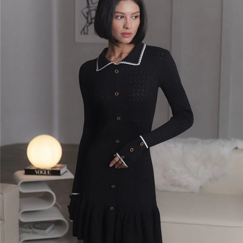 Load image into Gallery viewer, Autumn Long Sleeve Knit Dress For Women Fashion Lapel Single-btrasted Button High Waist Ruffled Mini Dress Knitwear
