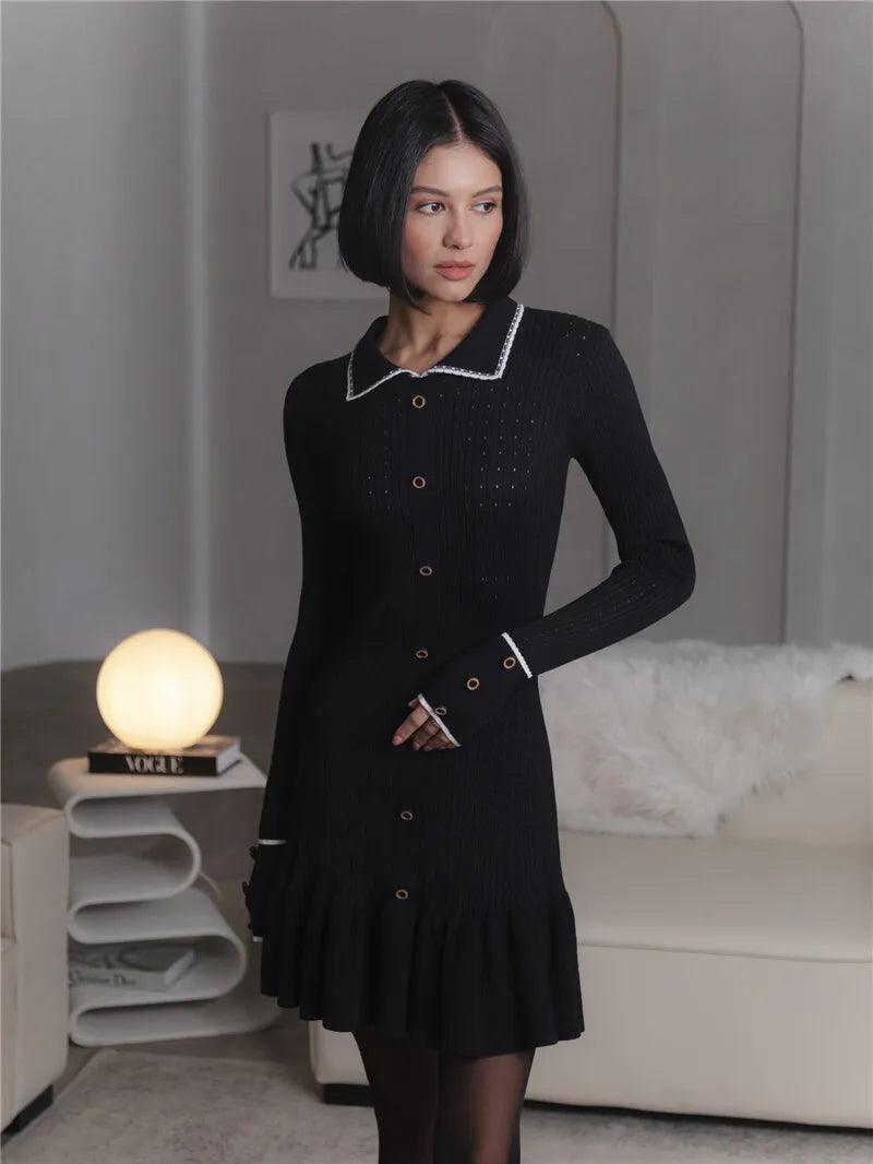 Autumn Long Sleeve Knit Dress For Women Fashion Lapel Single-btrasted Button High Waist Ruffled Mini Dress Knitwear