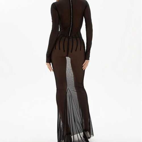 Load image into Gallery viewer, Sexy Mesh Perspective Long Sleeved Dress Women Round Neck Slim Zipper Long Dress Spring New 2024 Party Evening Dress
