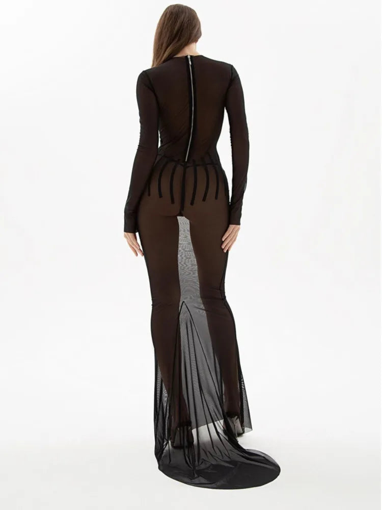 Sexy Mesh Perspective Long Sleeved Dress Women Round Neck Slim Zipper Long Dress Spring New 2024 Party Evening Dress