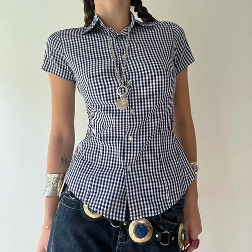 Load image into Gallery viewer, Vintage Fashion Plaid Shirt Women Cropped Top Buttons-Up Cardigan Y2K Korean Style Casual Summer Blouse Short Sleeve
