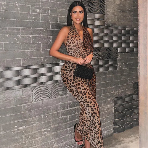 Load image into Gallery viewer, Leopard Print Backless Sexy Maxi Dress For Women Gown Fashion Halter Strapless Sleeveless Bodycon Printed Long Dress
