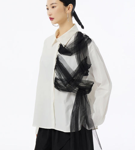 Women White Mesh Color-block Irregular Big Size Blouse New Lapel Long Sleeve Shirt Fashion Tide Spring Autumn 2025 1DH6674