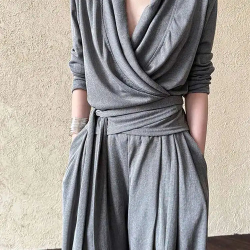 Load image into Gallery viewer, Bandage Elegant T-shirt Wide Leg Pants Two Piece Suit New V-Neck Long Sleeve Women Fashion Tide Spring Autumn 2025 1DJ0103

